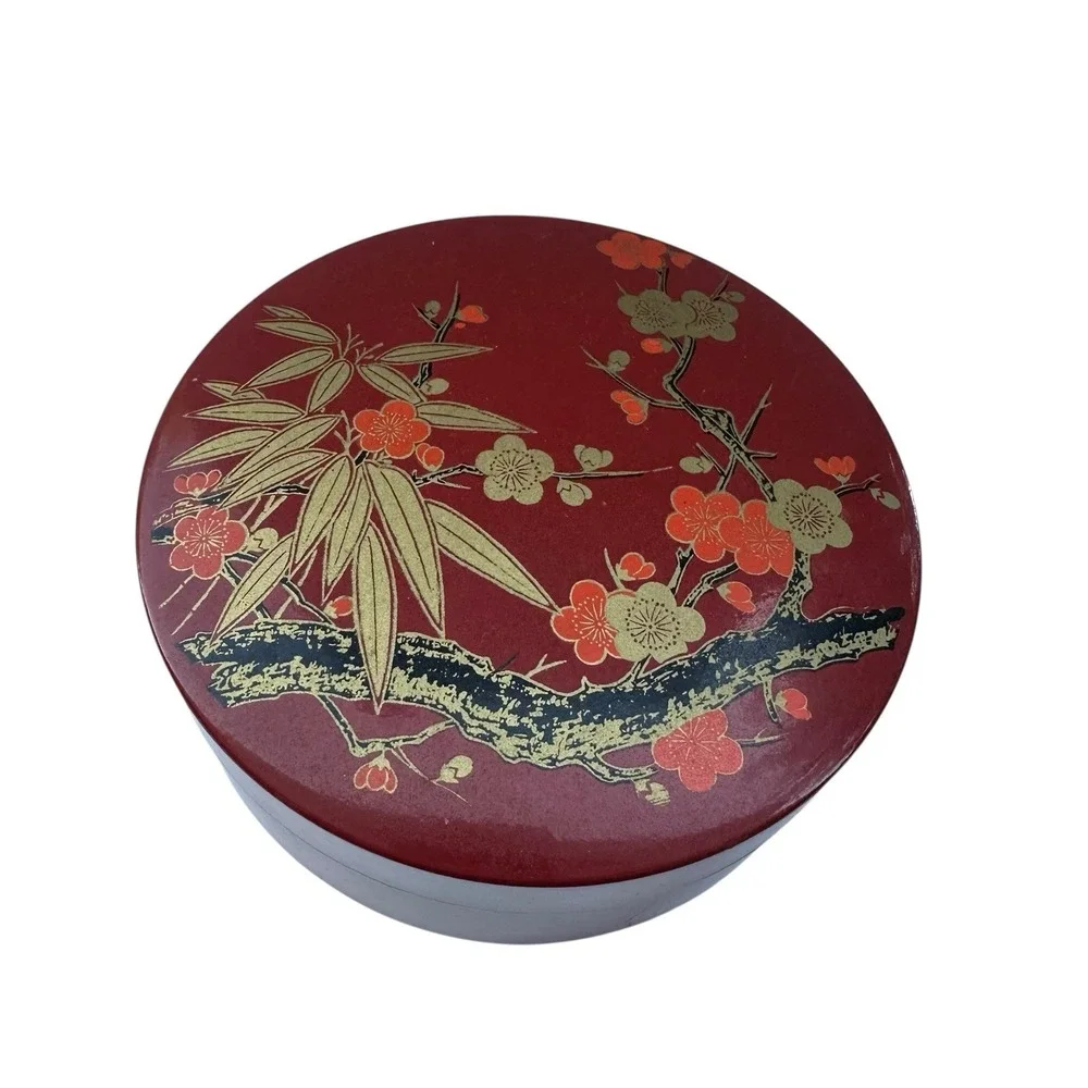 Vintage Red Lacquer Plastic Round PAINTED‎ FLORAL STASH Trinket BOX w Lid Japan
